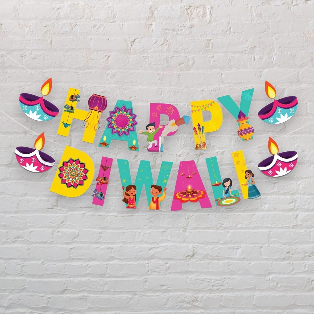 Happy Diwali Paper Banner Bunting Diy Hanging Decorations Festival of Light Deepawali Diya Wall Hanging Decor for Home - Party Supplies Indian Themed Party Backdrop Decoration